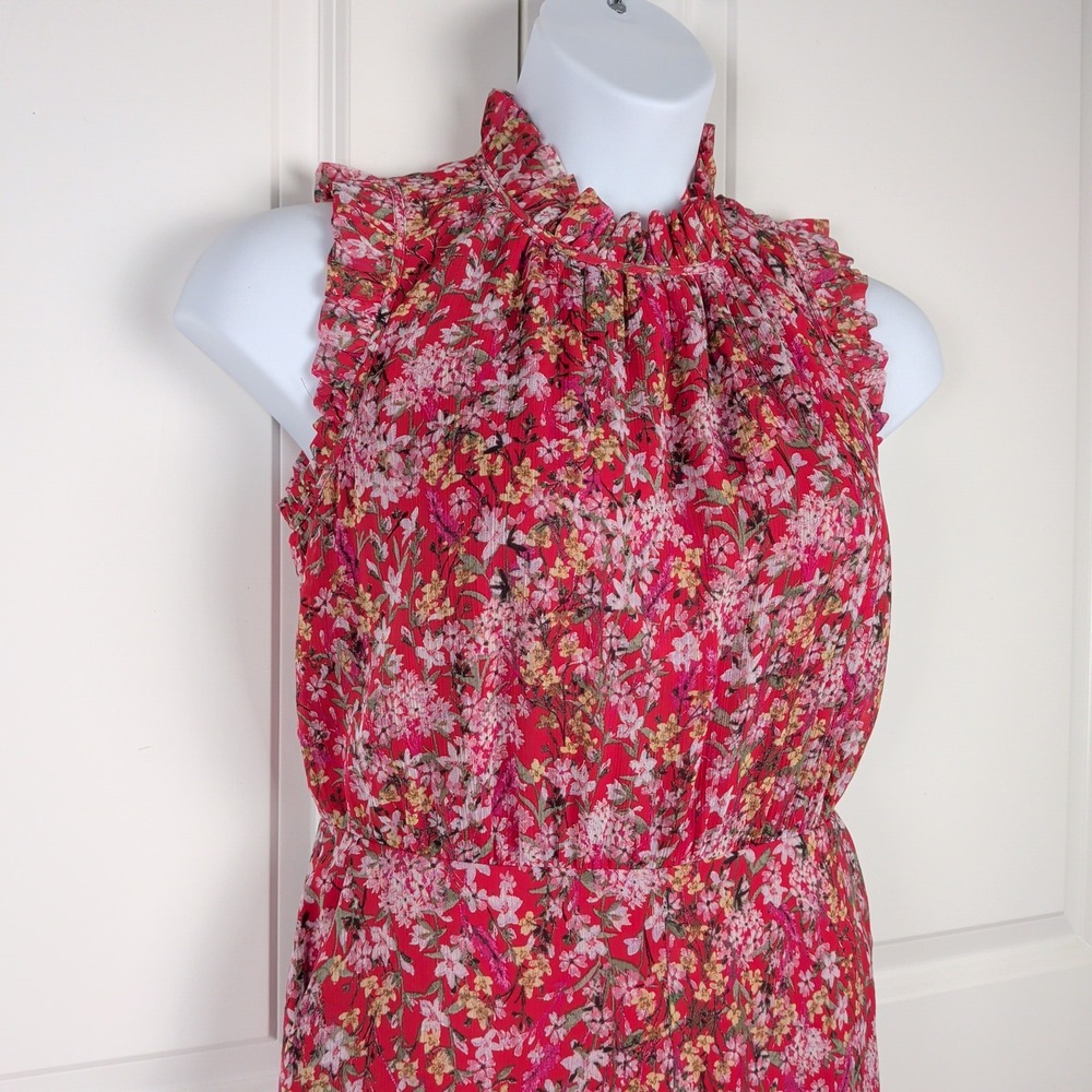 Bloomcore Floral Ruffle Mock Neck Wide Leg‎ Jumpsuit Size Medium Red Cottagecore